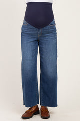 maternity wear dark blue wide leg jeans with a high waistband, model wearing brown shoes