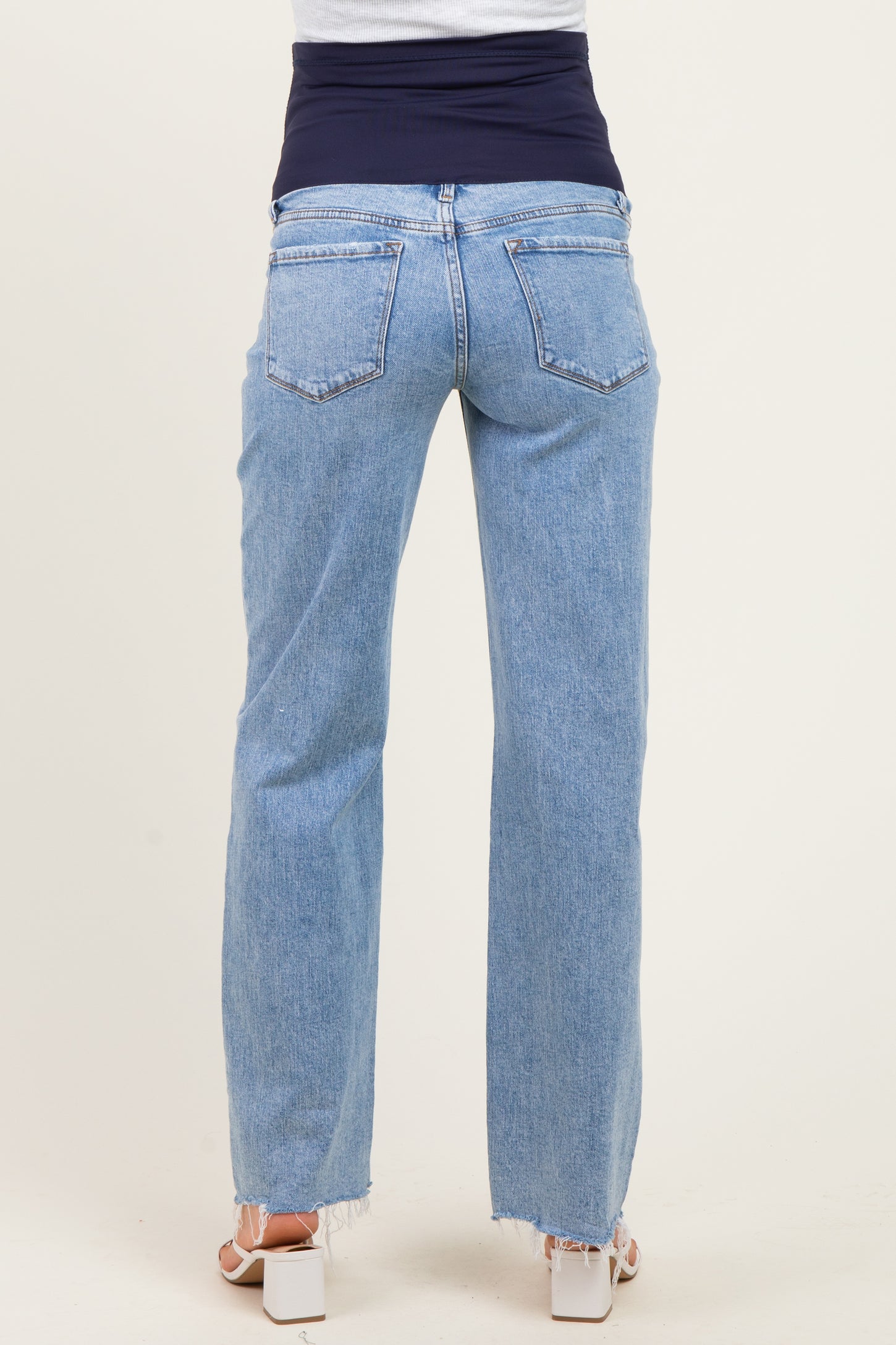 Light Blue Distressed Fringe Hem Wide Leg Maternity Jeans