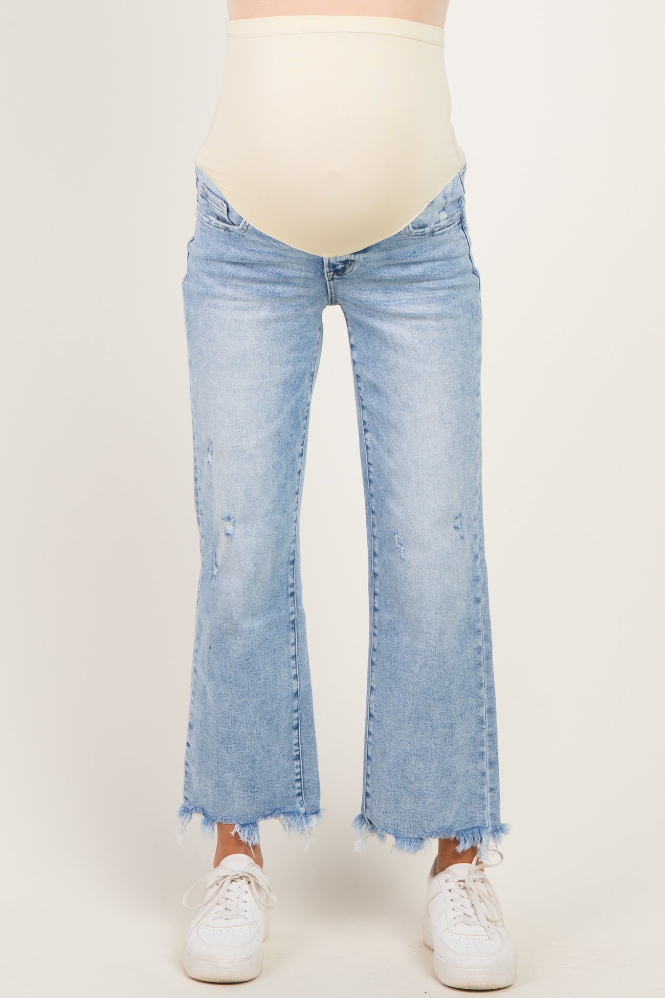 Light Blue Fringe Hem Ankle Wide Leg Maternity Jeans