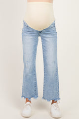 Light Blue Fringe Hem Ankle Wide Leg Maternity Jeans