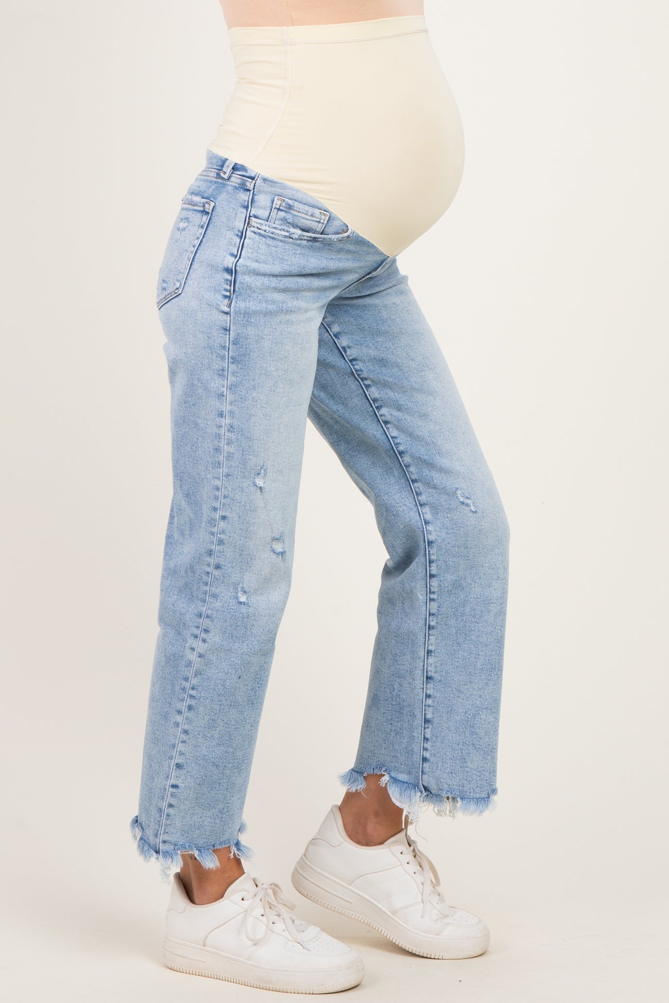 Light Blue Fringe Hem Ankle Wide Leg Maternity Jeans