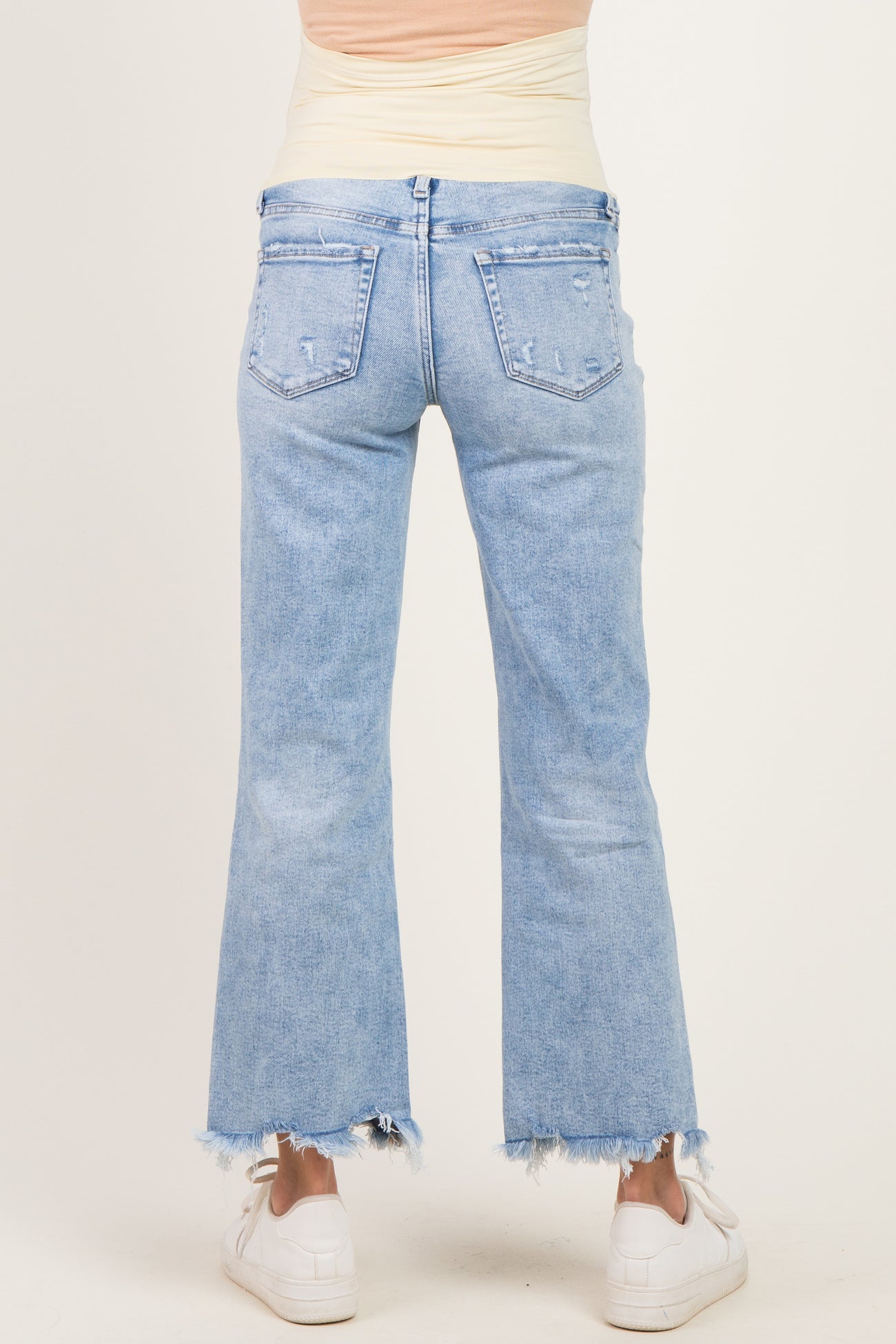 Light Blue Fringe Hem Ankle Wide Leg Maternity Jeans