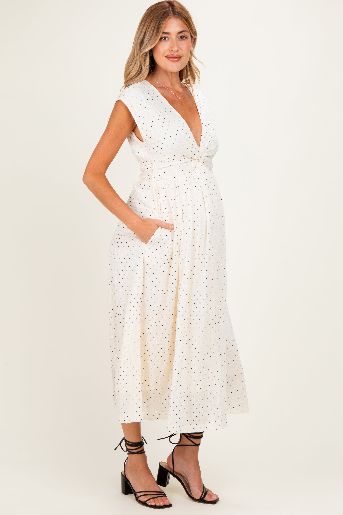 Cream Polka Dot Twisted Detail V Neck Maternity Maxi Dress