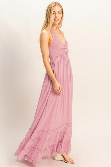 Pink Halter Neck Smocked Maxi Dress