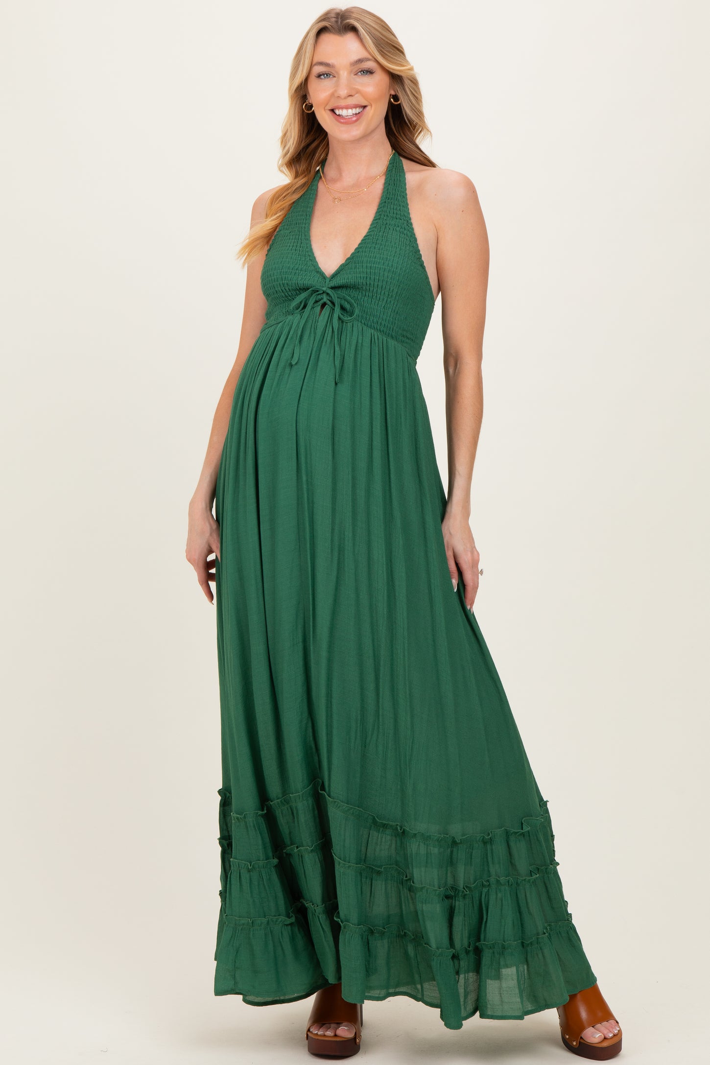 Hunter Green Halter Neck Smocked Maternity Maxi Dress