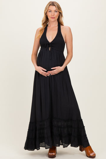 Black Halter Neck Smocked Maternity Maxi Dress