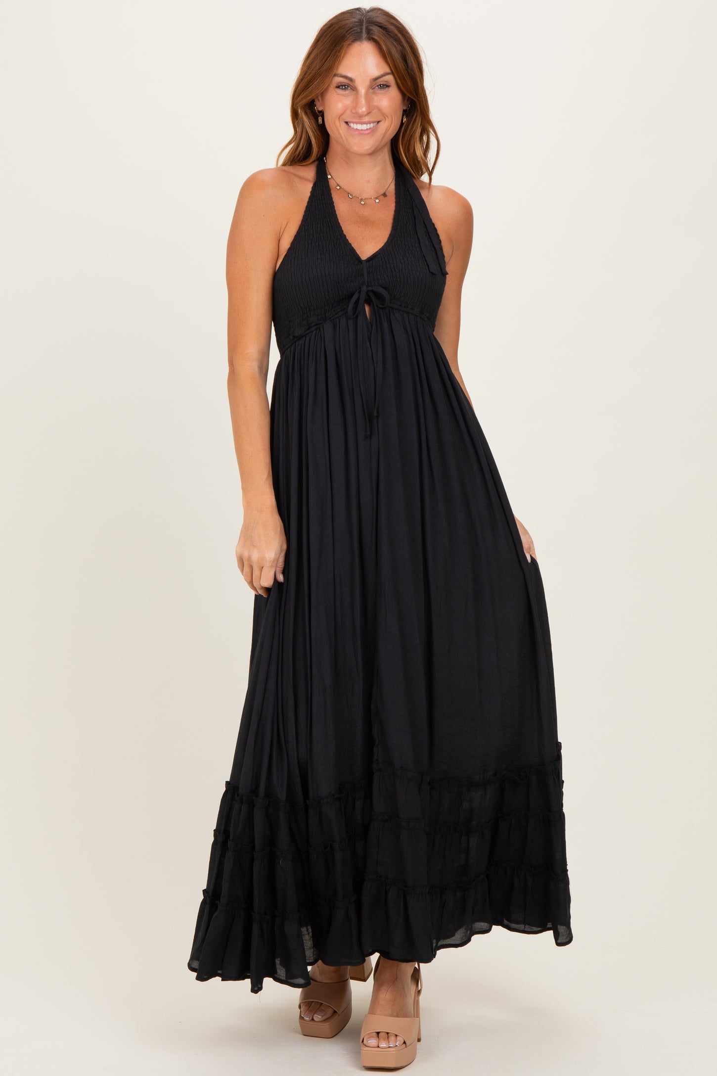 Black Halter Neck Smocked Maxi Dress