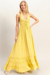 Yellow Halter Neck Smocked Maternity Maxi Dress