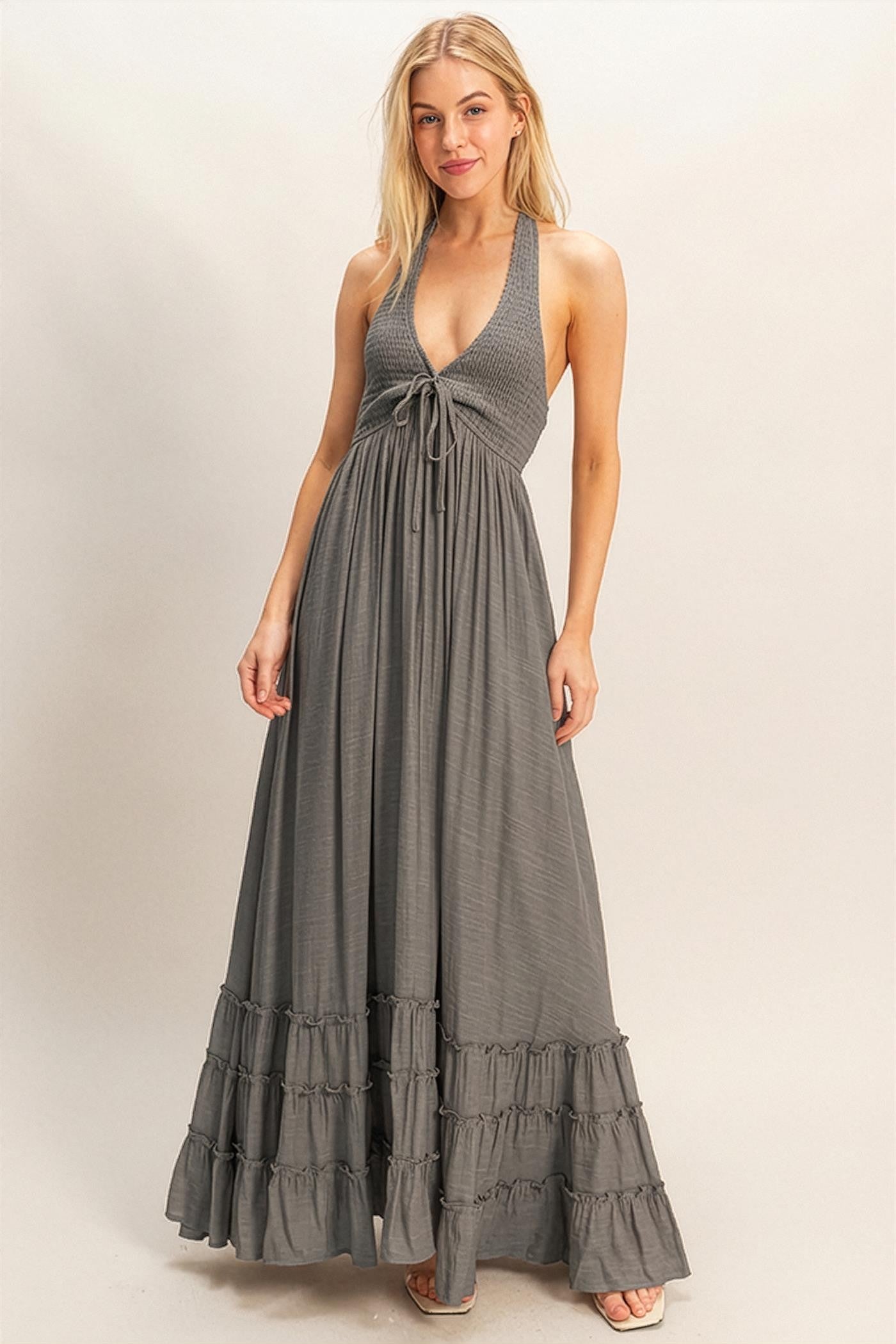 Gray Halter Neck Smocked Maxi Dress