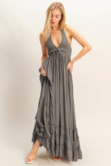 Gray Halter Neck Smocked Maxi Dress