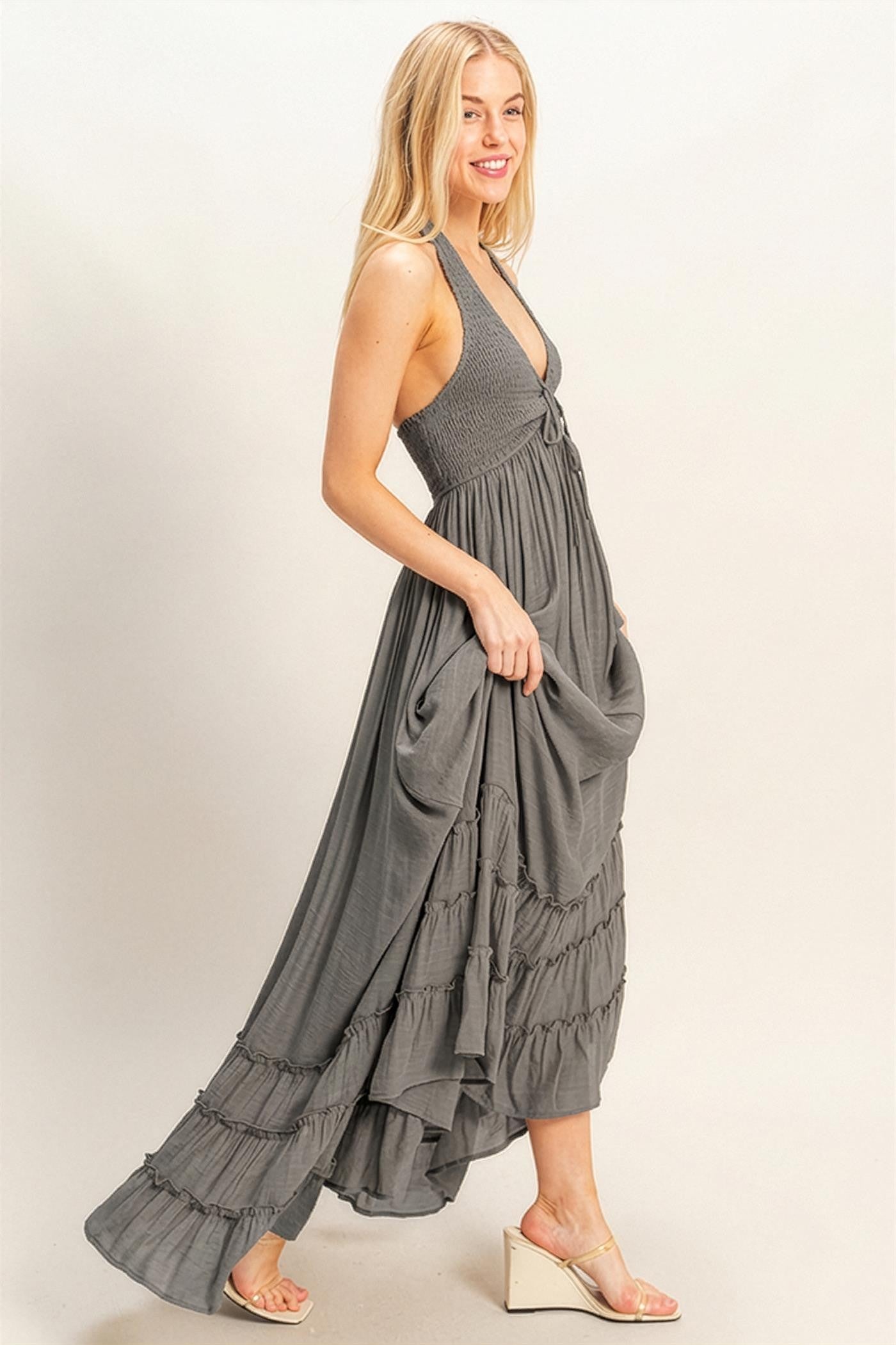 Gray Halter Neck Smocked Maxi Dress