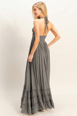 Gray Halter Neck Smocked Maxi Dress