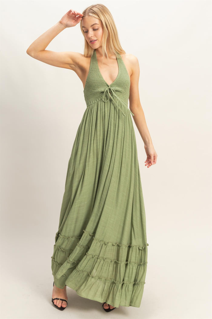 Sage Halter Neck Smocked Maxi Dress