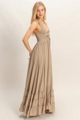 Taupe Halter Neck Smocked Maxi Dress