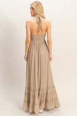 Taupe Halter Neck Smocked Maxi Dress