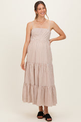 Light Taupe Diagonal Stripe Front Tier Maternity Dress