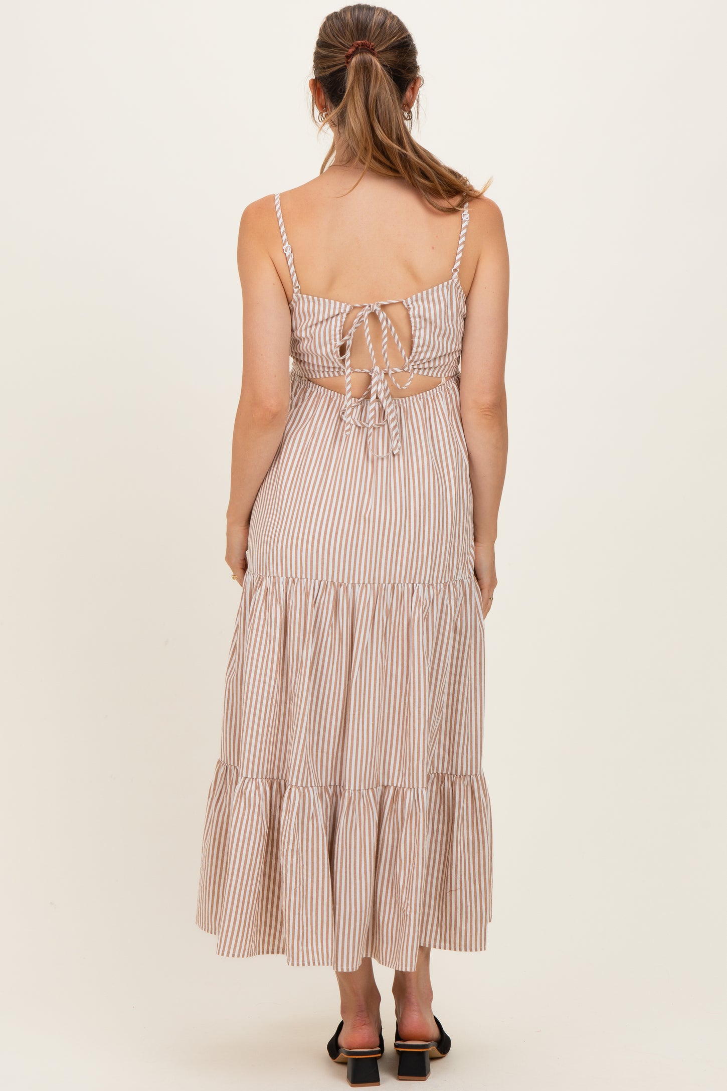 Light Taupe Diagonal Stripe Front Tier Maternity Dress