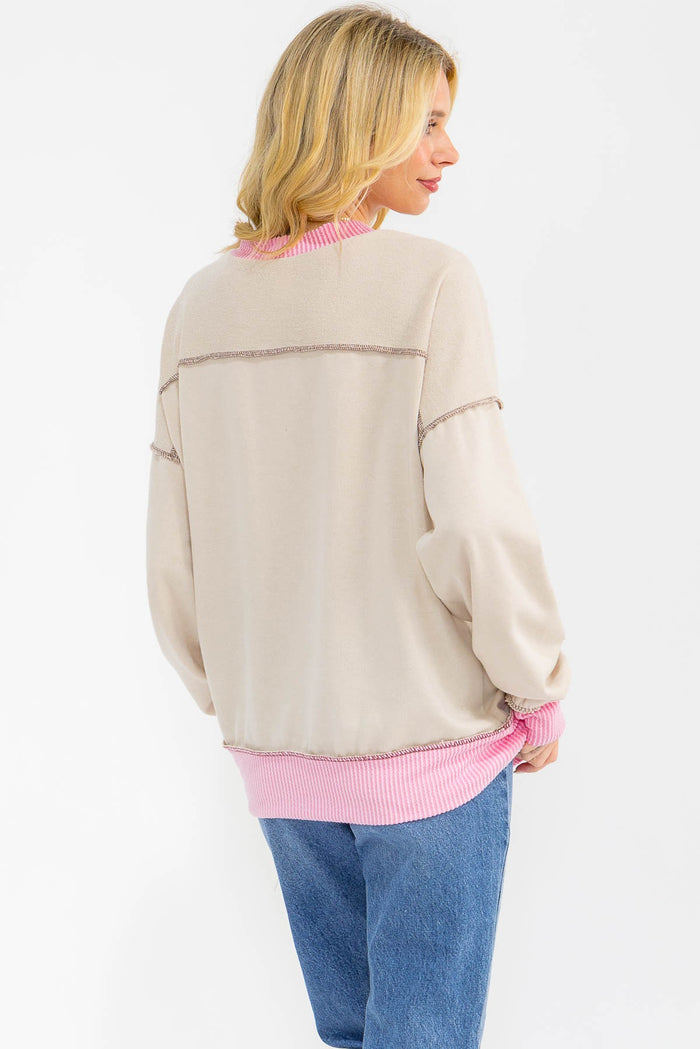 Cream Contrast Band Exposed Seam Pullover