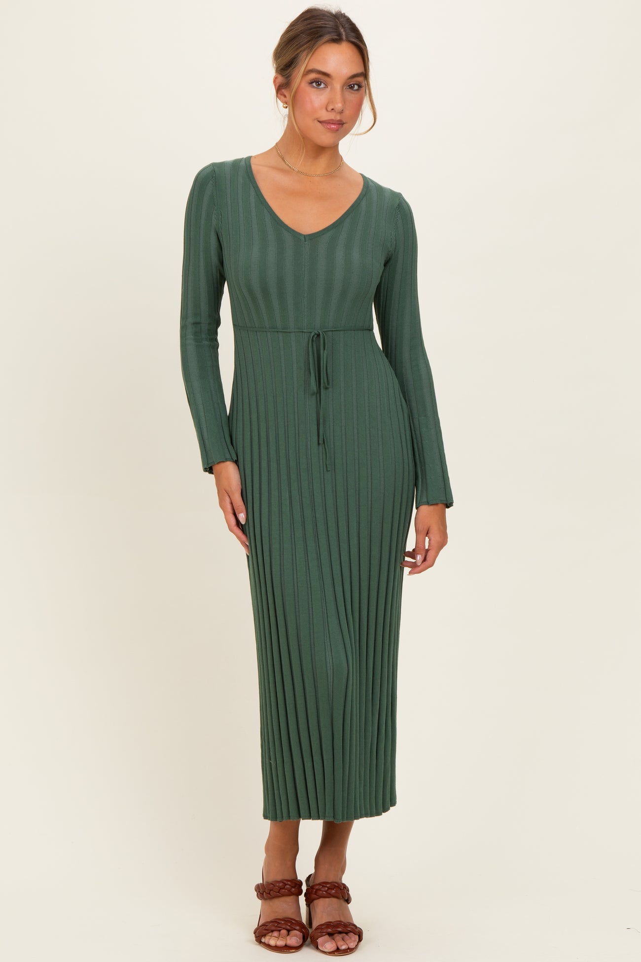 Olive Ribbed Maternity Knit Maxi Dress