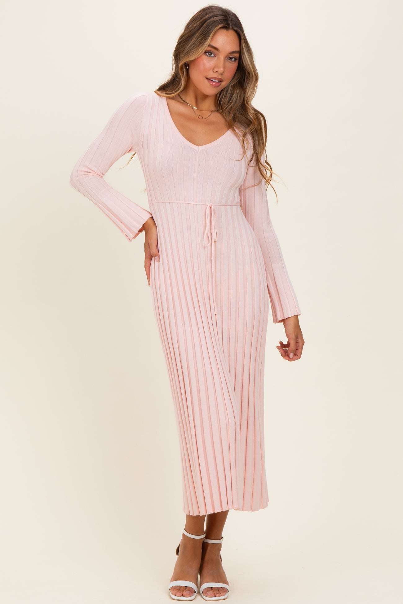 Light Pink Ribbed Maternity Knit Maxi Dress