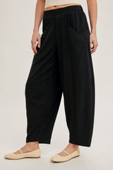 Black Linen Blend Barrel Leg Pants