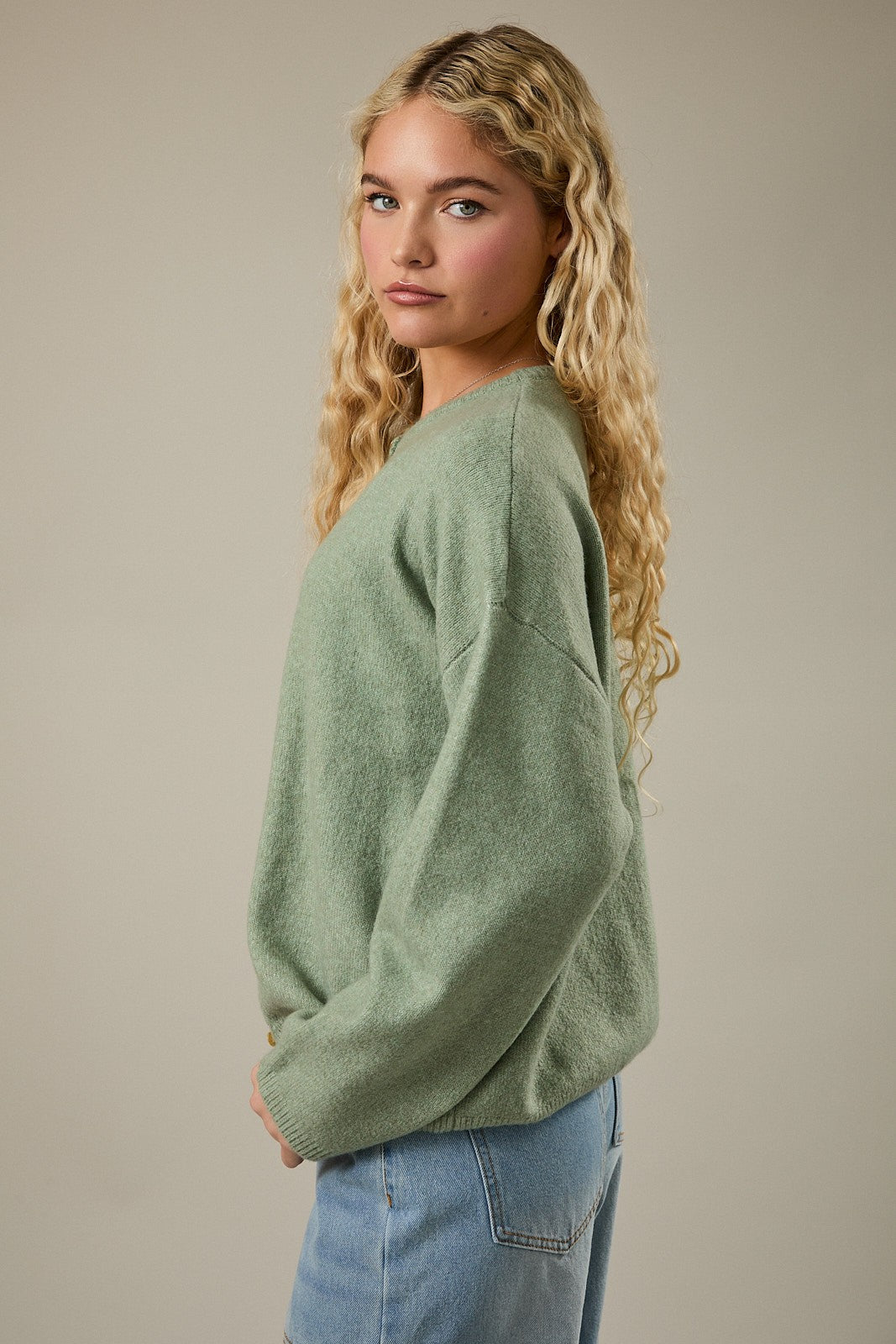 Sage Classic Crew Neck Button Cardigan