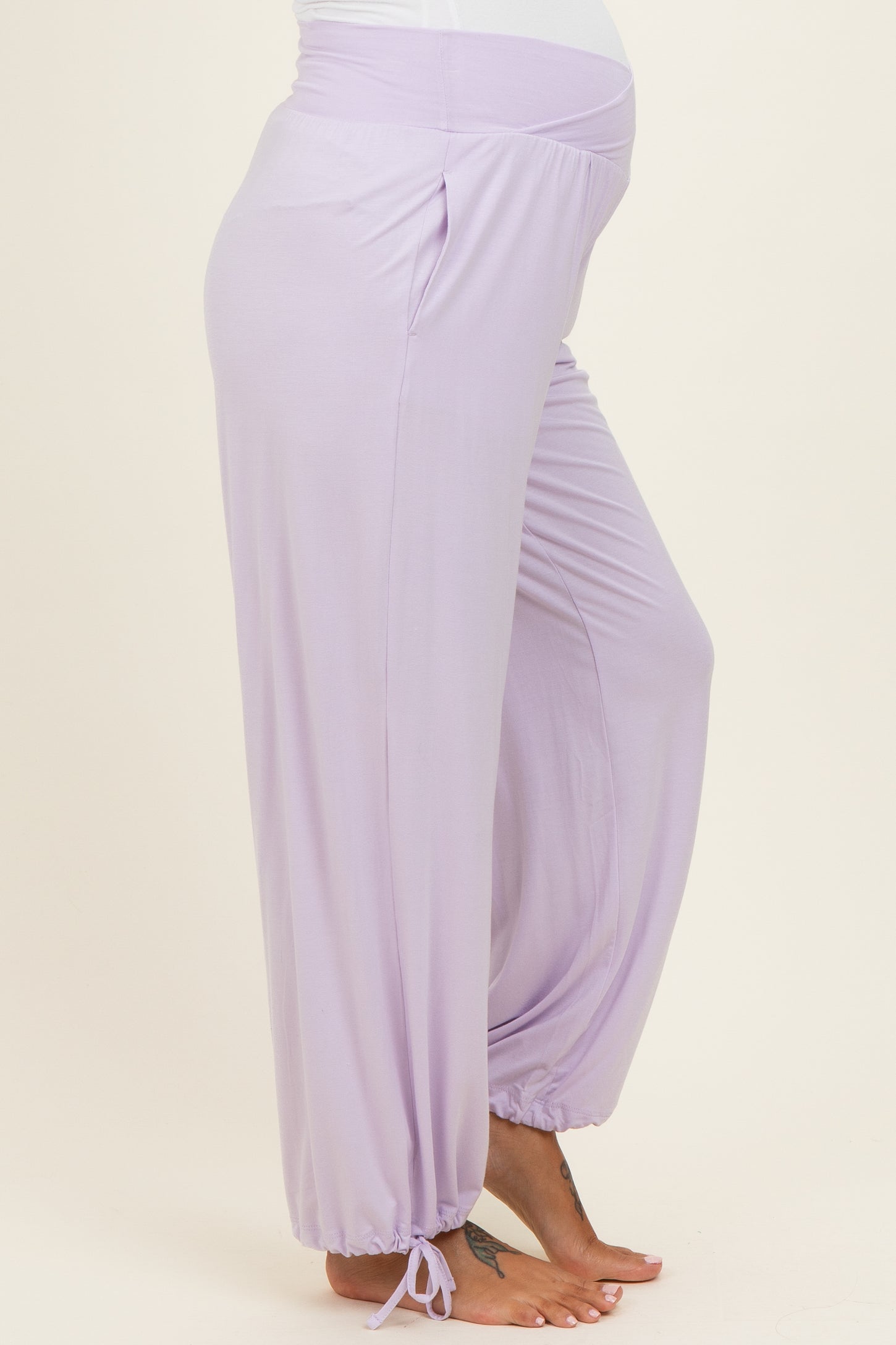 maternity wear light lavender harem pants with elastic waistband and adjustable ties at the ankles