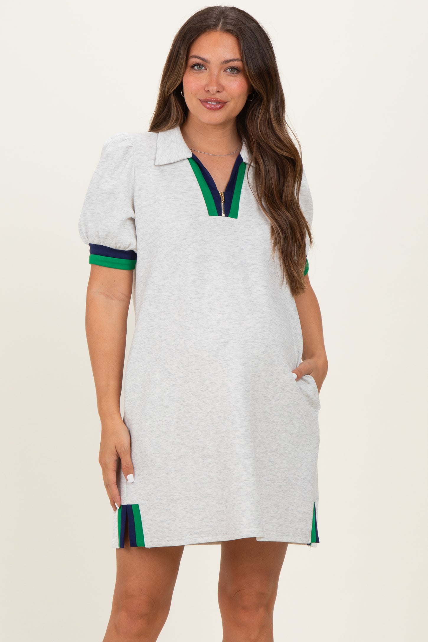 Heather Grey Color Block Zip Front Maternity Shift Dress