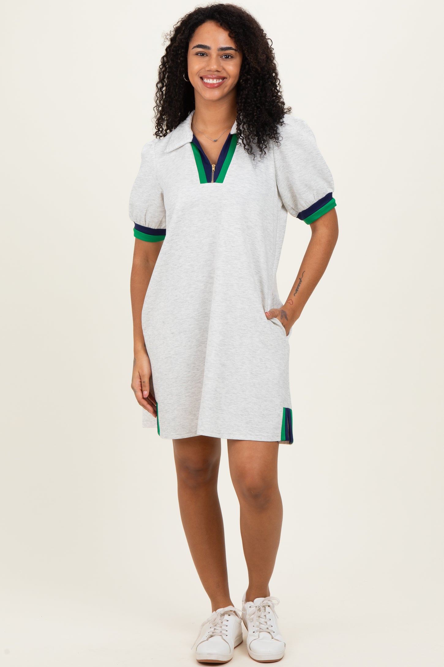 Heather Grey Color Block Zip Front Shift Dress