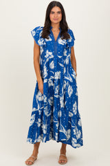 Royal Blue Floral Crochet Lace Accent Midi Dress