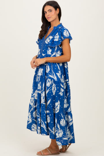 Royal Blue Floral Crochet Lace Accent Midi Dress