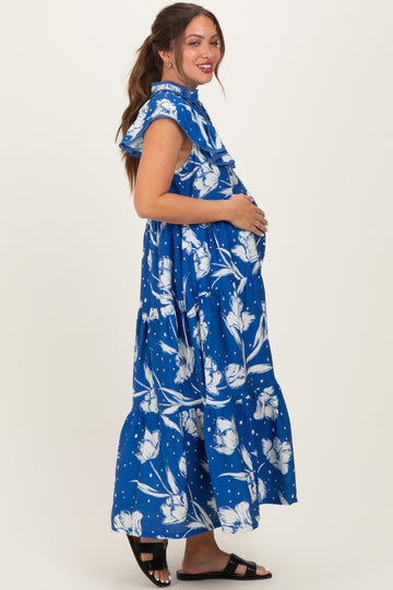 Royal Blue Floral Crochet Lace Accent Maternity Midi Dress