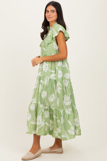 Sage Floral Crochet Lace Accent Midi Dress