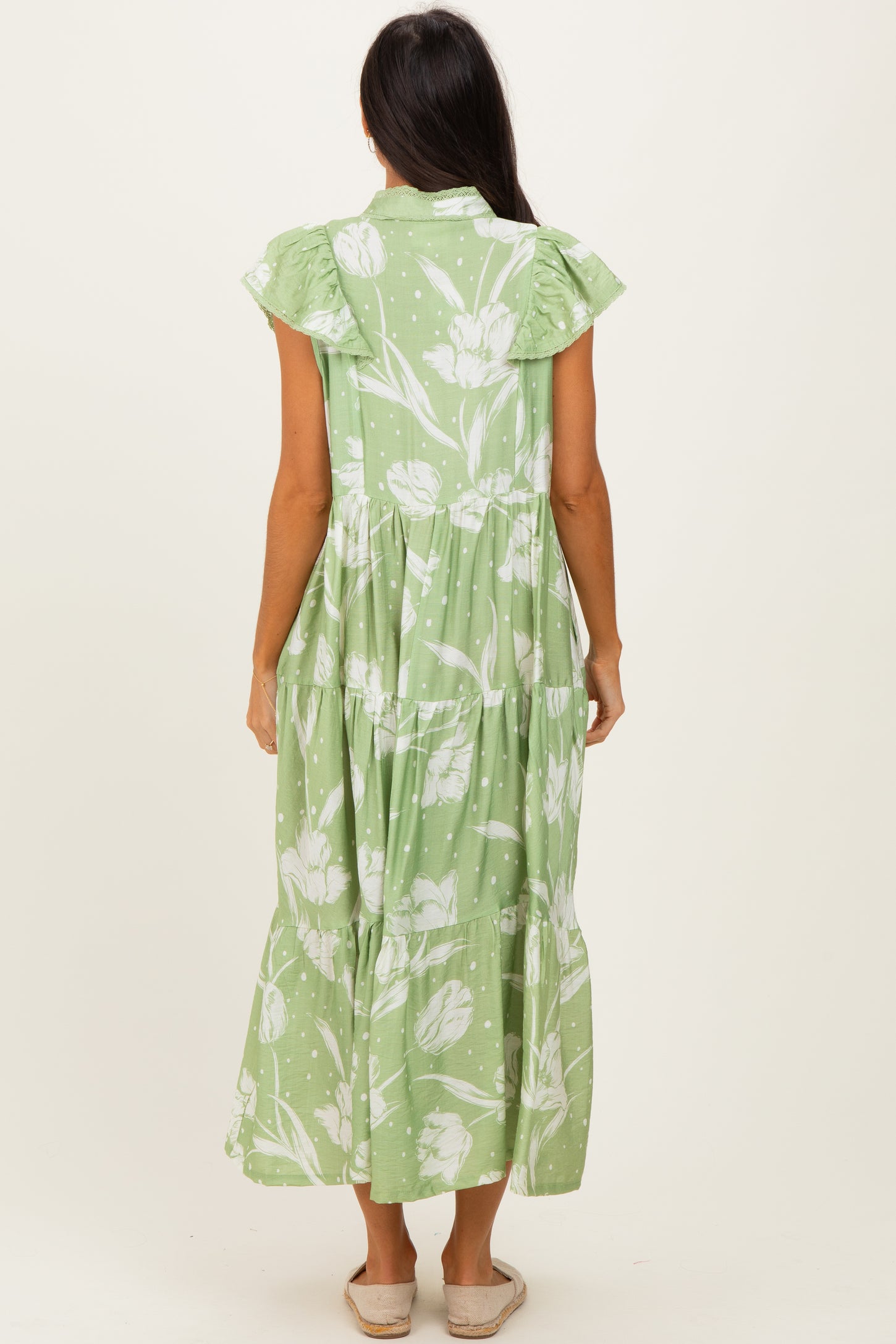 Sage Floral Crochet Lace Accent Midi Dress