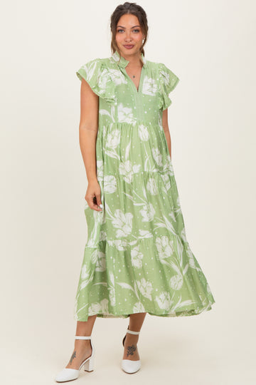Sage Floral Crochet Lace Accent Maternity Midi Dress
