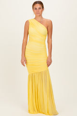 Lemon Ruched Mesh One Shoulder Maxi Dress