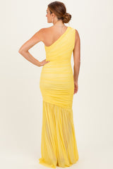 Lemon Ruched Mesh One Shoulder Maxi Dress
