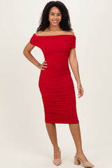 Red Ruched Mesh Off Shoulder Midi Dress