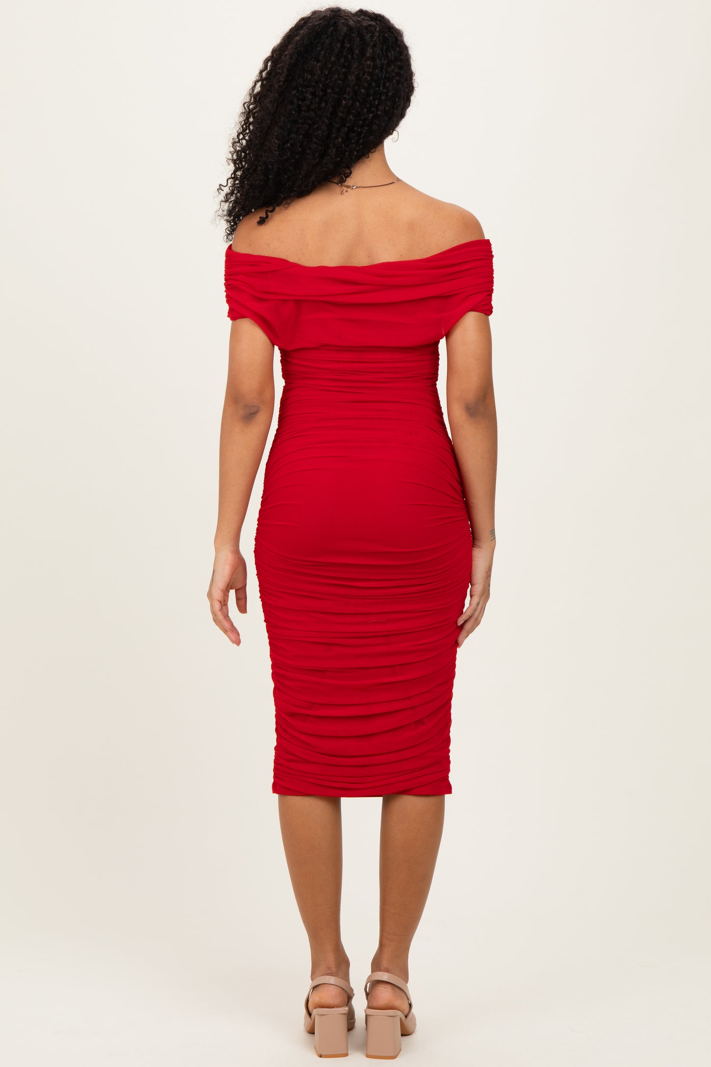 Red Ruched Mesh Off Shoulder Midi Dress