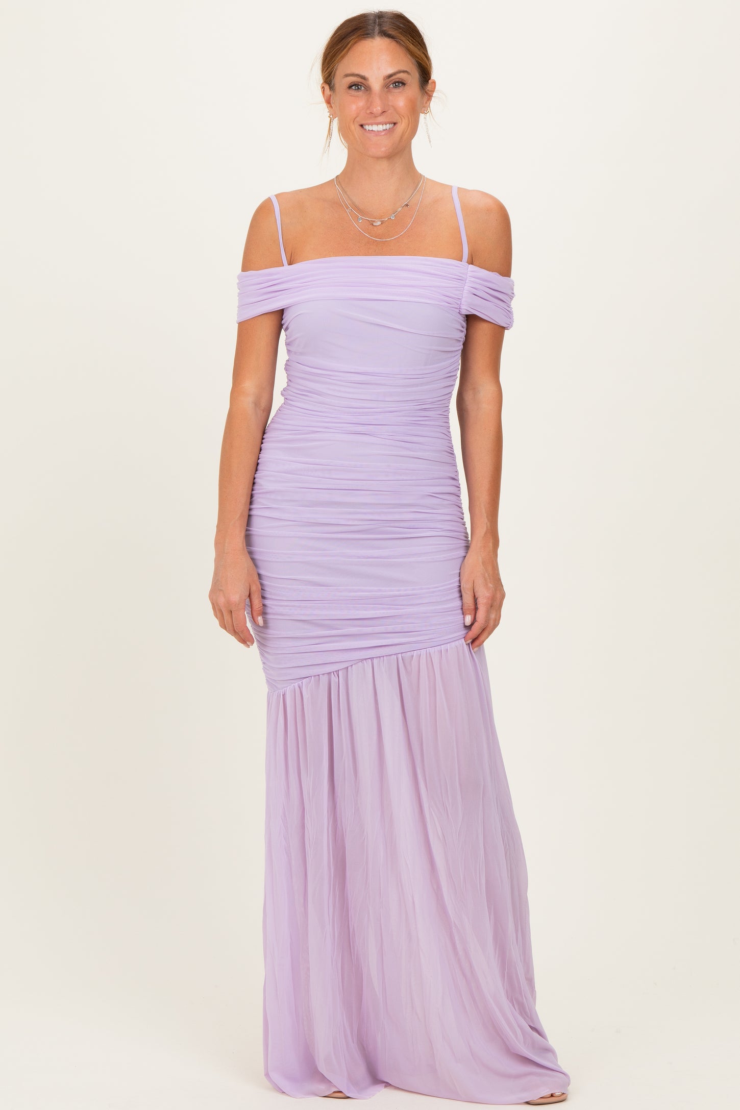 Lavender Ruched Mesh Off Shoulder Maternity Maxi Dress
