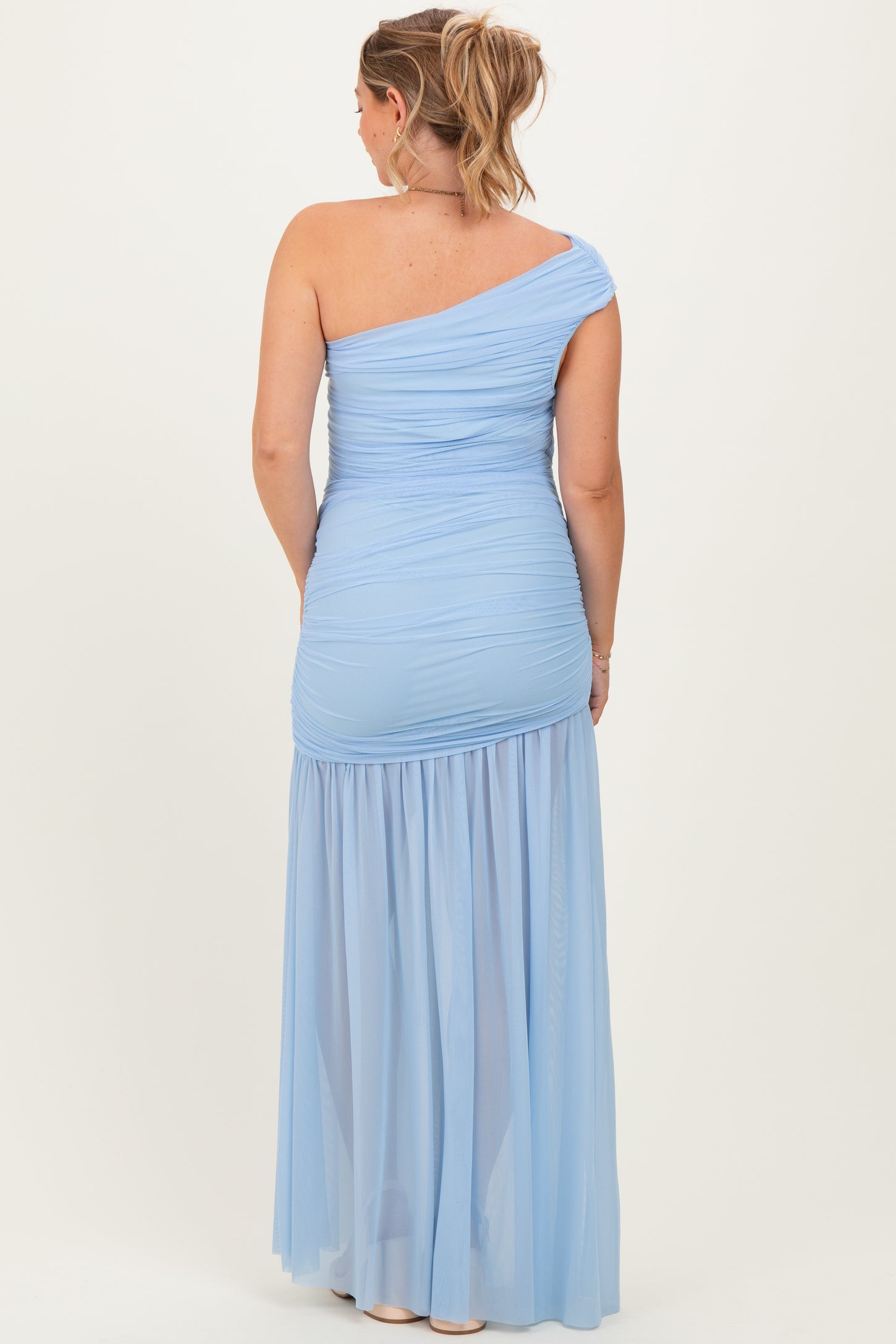 Baby Blue Ruched Mesh One Shoulder Maternity Maxi Dress