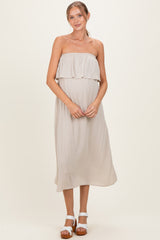 Sand Beige Woven Crinkle Flounce Strapless Maternity Maxi Dress