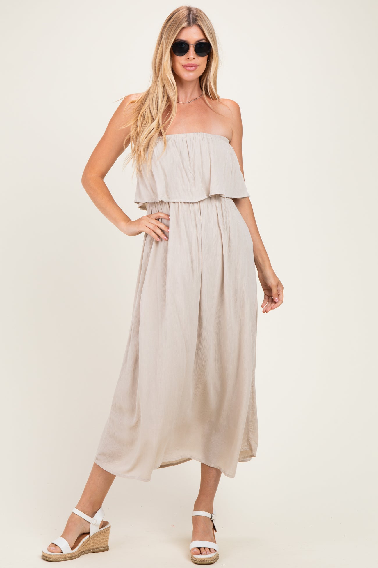 Sand Beige Woven Crinkle Flounce Strapless Maternity Maxi Dress