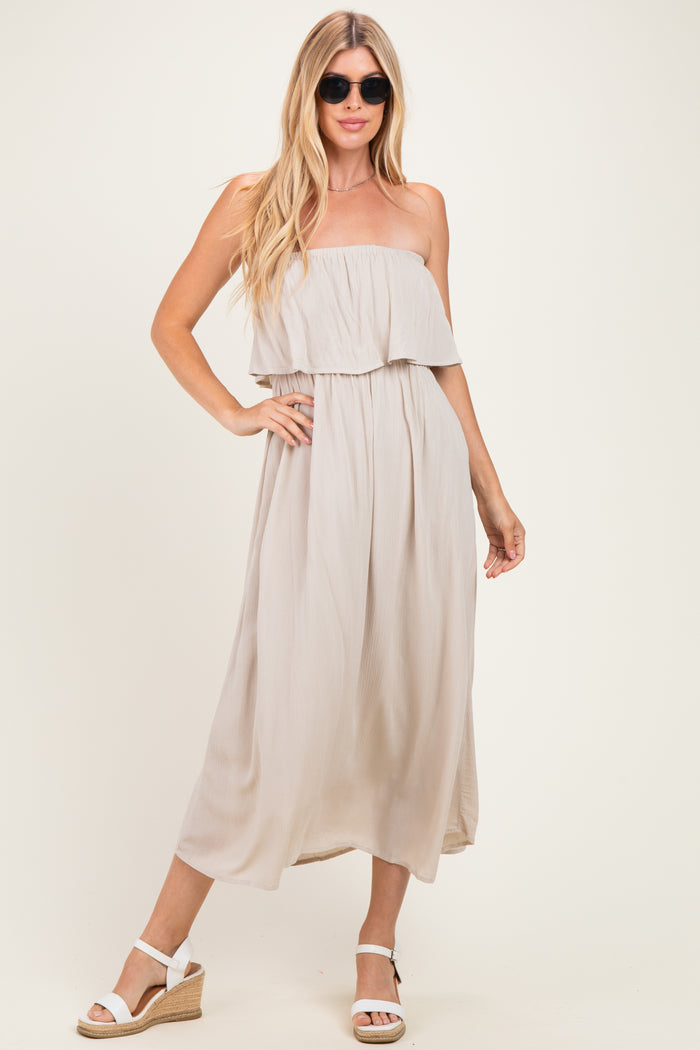 Sand Beige Woven Crinkle Flounce Strapless Maternity Maxi Dress
