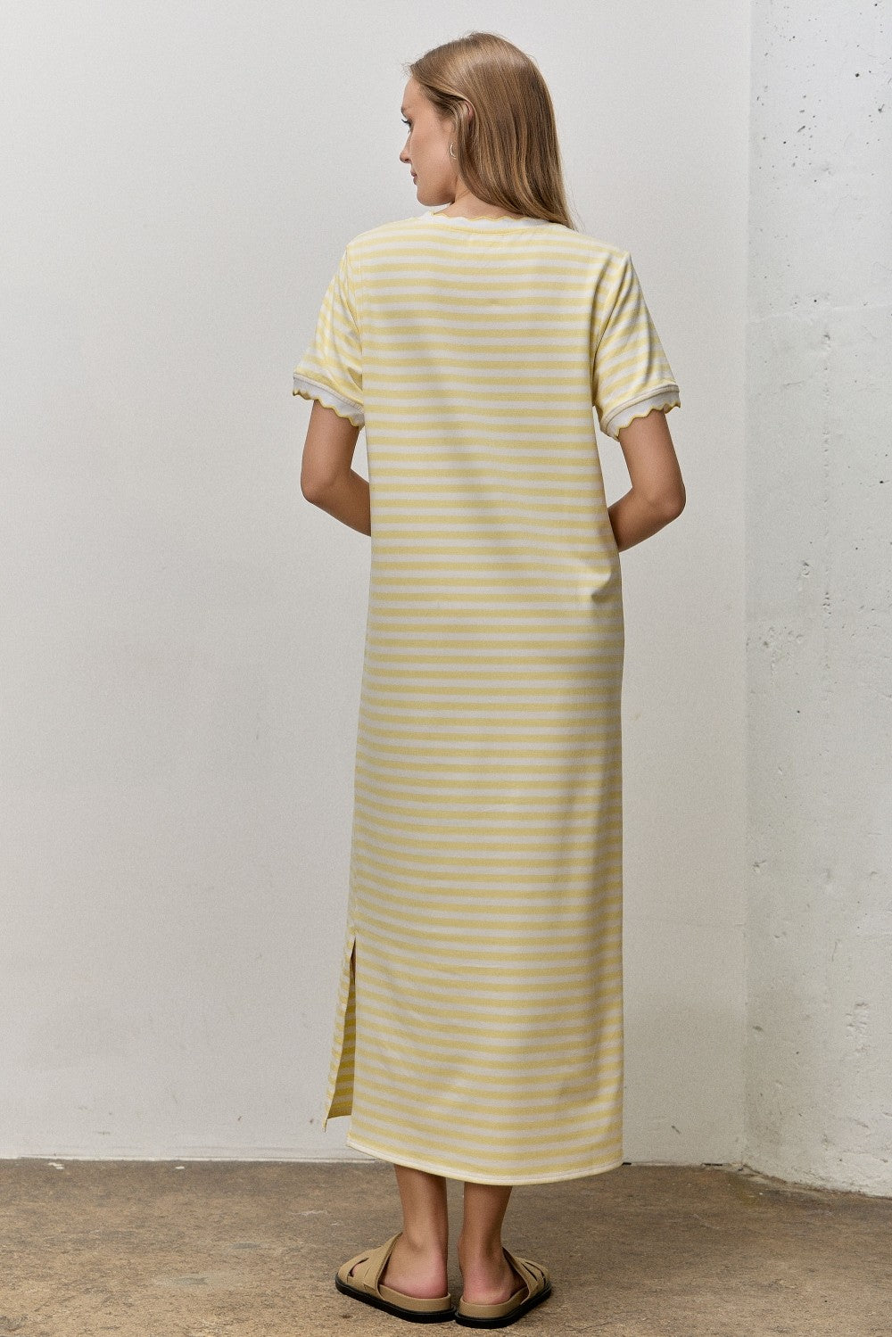 Butter Yellow Striped Scallop Trim Short Sleeve Maxi Dress