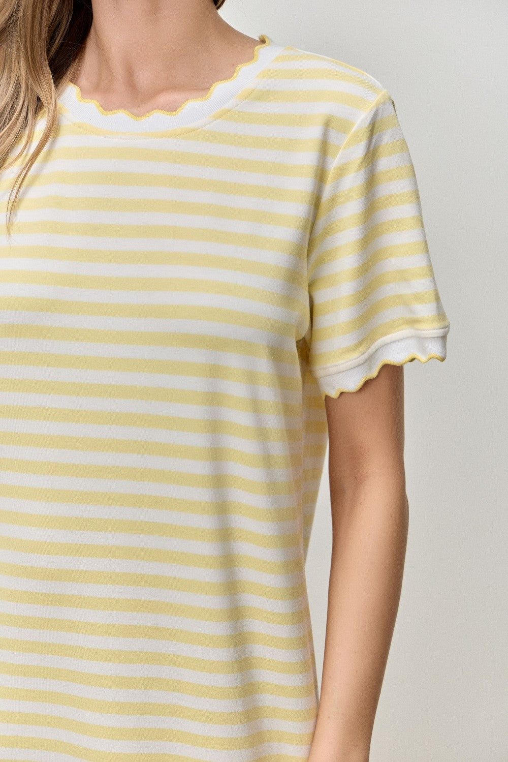 Butter Yellow Striped Scallop Trim Short Sleeve Maxi Dress