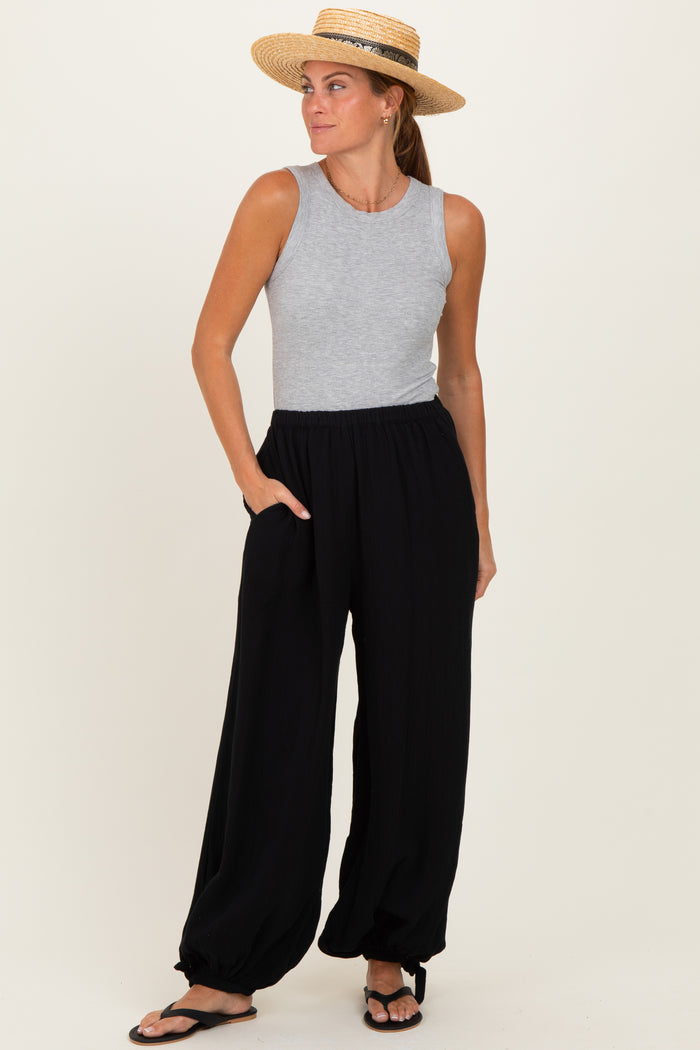 Black Cotton Gauze Tie Hem Maternity Pants