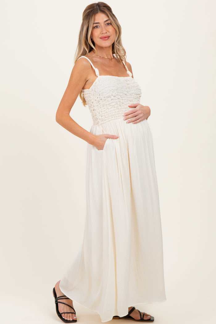 Ivory Textured Smocked Maternity Maxi Dress