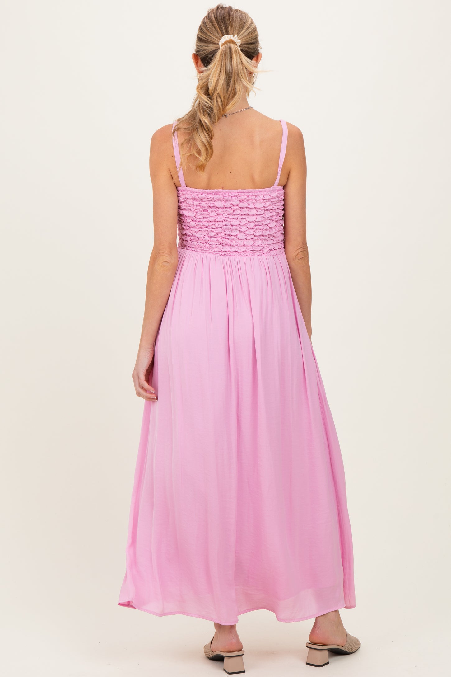 Pink Textured Smocked Maternity Maxi Dress