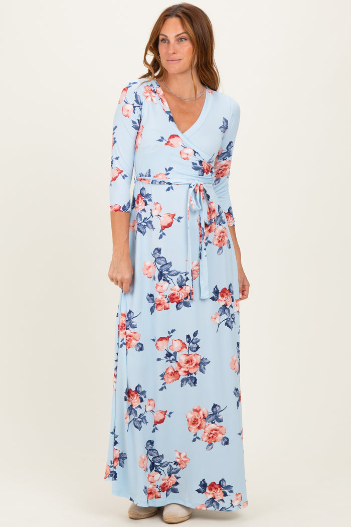 Sky Blue Floral Maternity Wrap Maxi Dress
